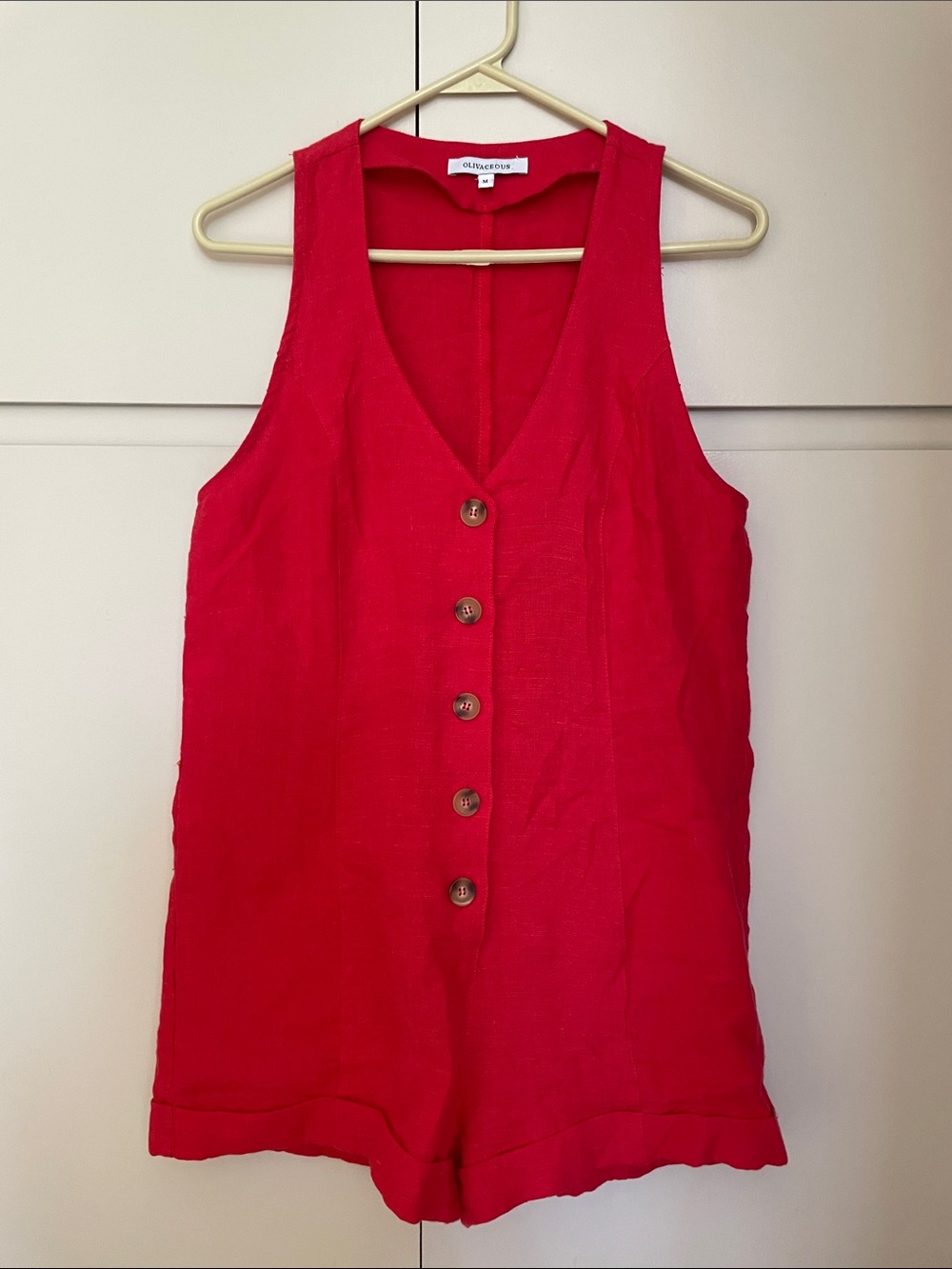 Olivaceous linen  Red button front romper
